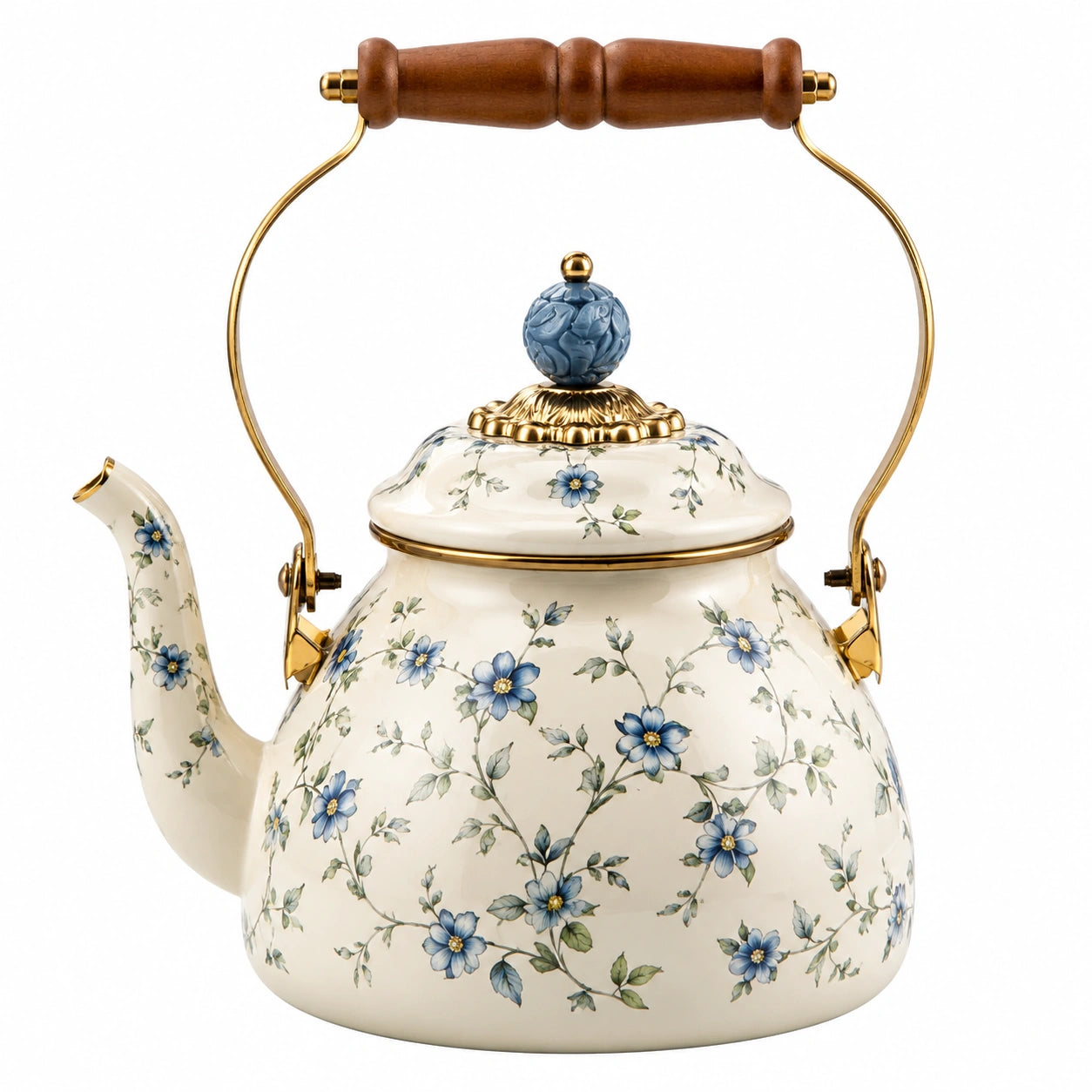 Teiera 2.00 L diametro 20.00 cm altezza 27.00 cm in ceramica bianca con fiori blu - stile classico con manico basculante