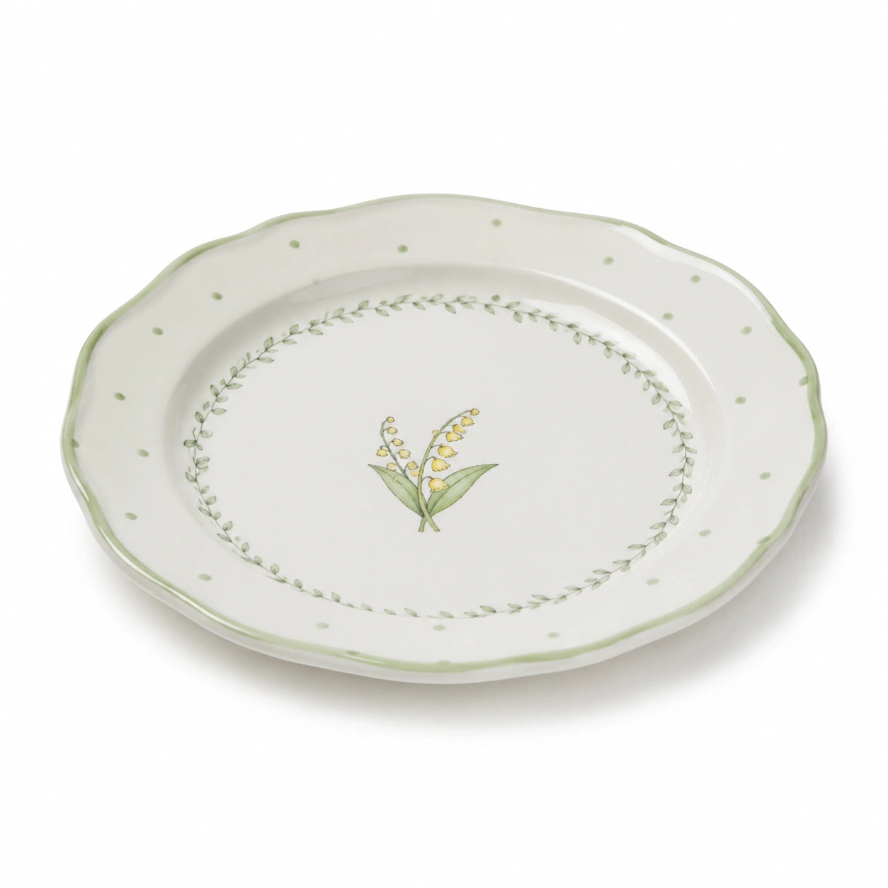 Piatto piano in ceramica 27 cm bianco e verde con decoro floreale bordo ondulato