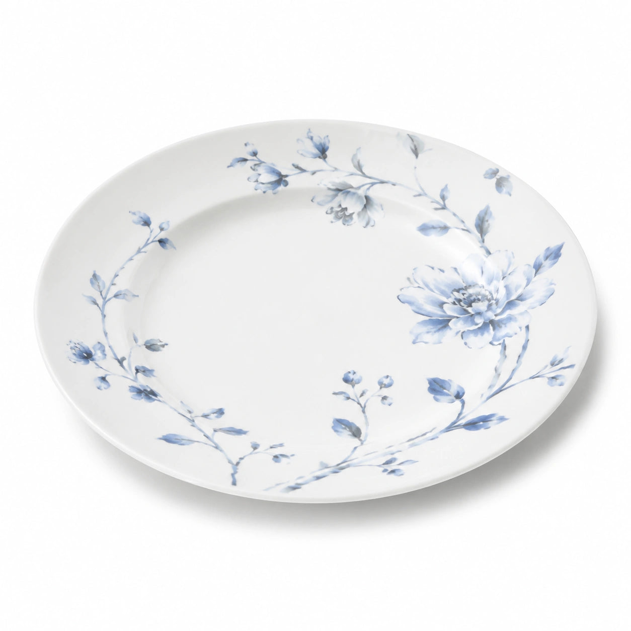 Piatto piano rotondo 27 cm in porcellana bianco e blu con motivo floreale