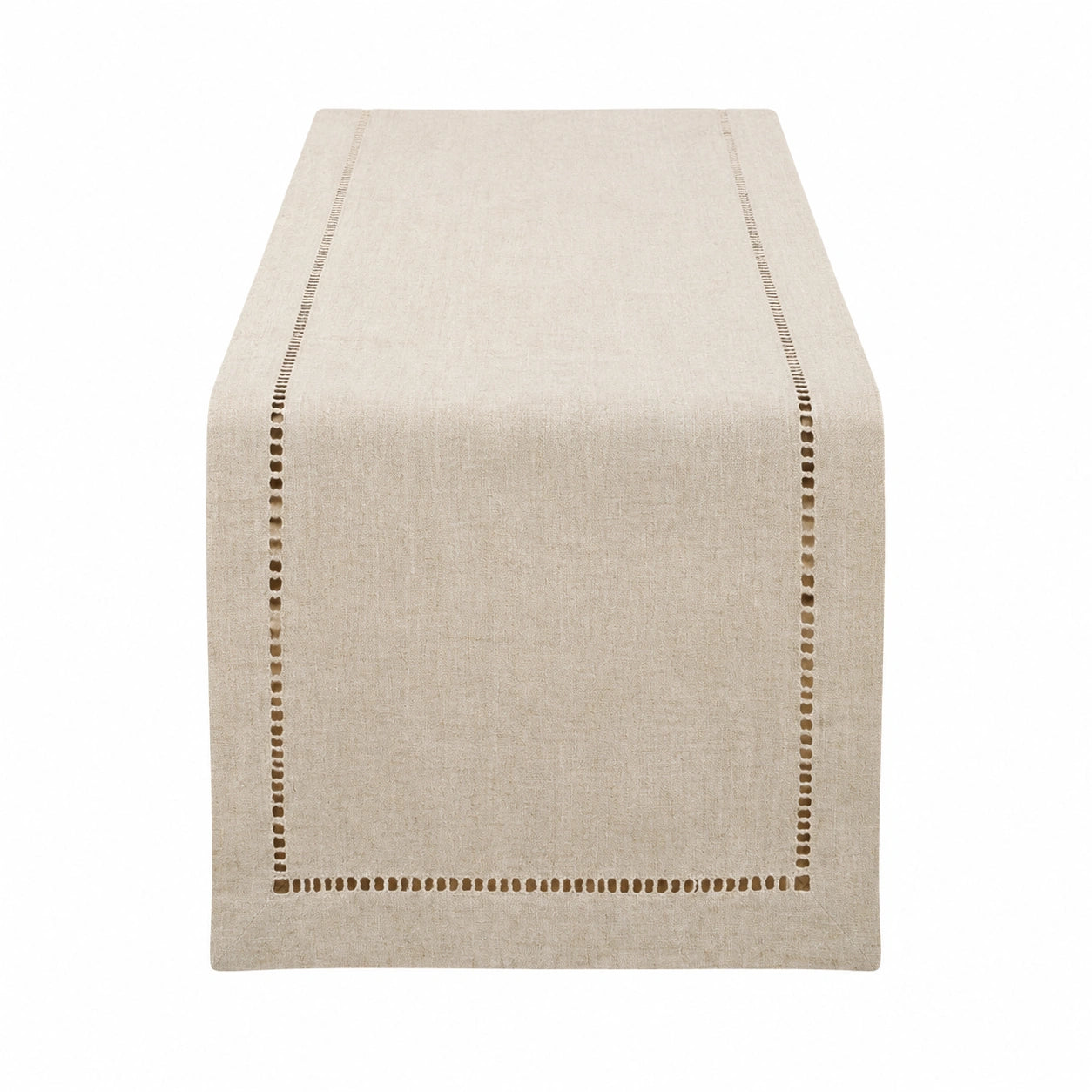 Runner da tavola 180 x 40 cm in tessuto beige con bordo traforato stile classico