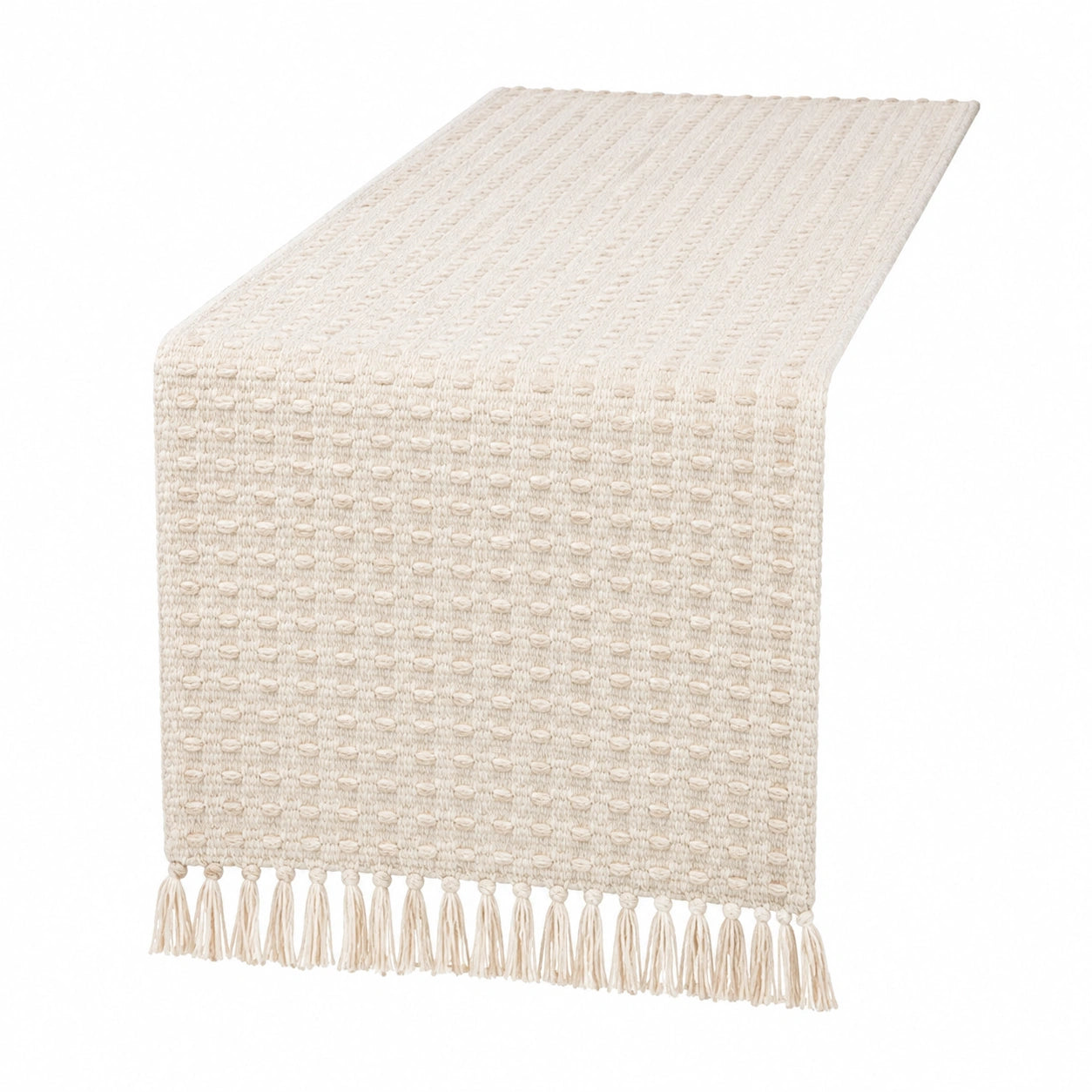 Runner da tavola 40 x 180 cm in tessuto avorio con frange stile boho
