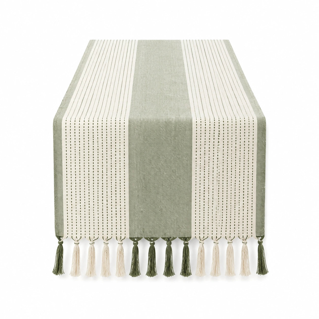 Runner da tavola 180 x 40 cm in cotone verde e crema con nappine stile rustico