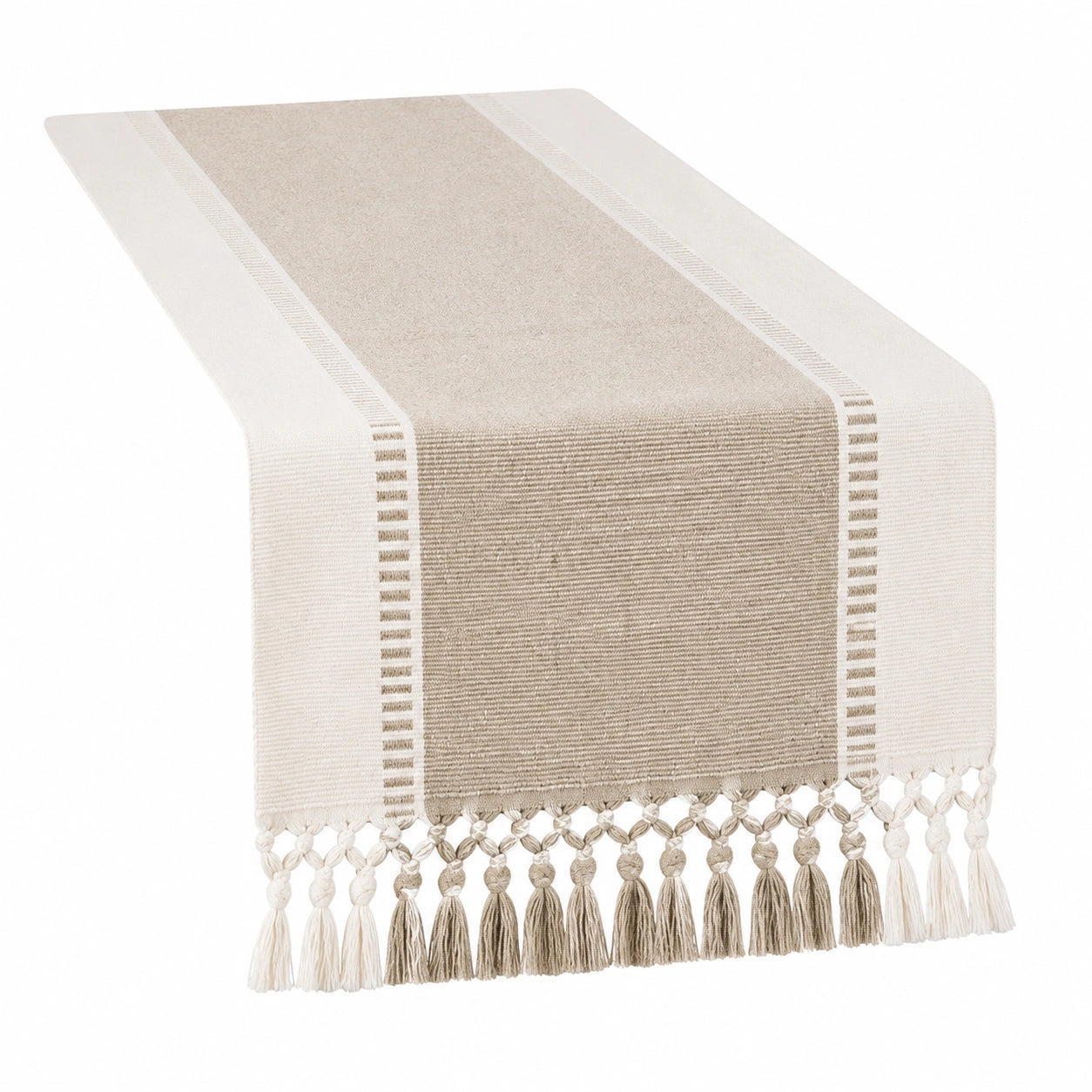 Runner da tavola 180 x 35 cm in tessuto beige e avorio con nappe stile boho