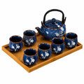 Servizio da tè 8 pezzi in ceramica blu con vassoio in bambù per 6 persone