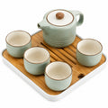 Set da tè in ceramica 600 ml verde salvia con vassoio in bambù per 4 persone