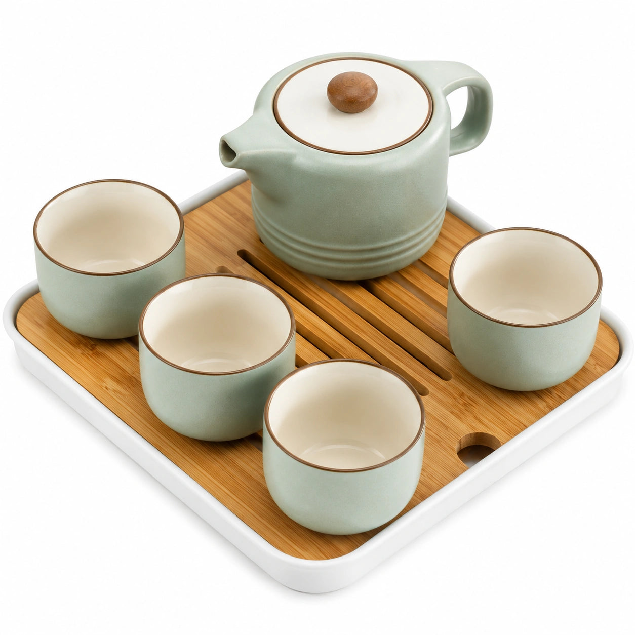 Set da tè in ceramica 600 ml verde salvia con vassoio in bambù per 4 persone