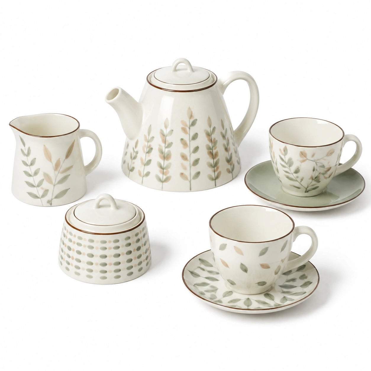 Servizio da tè in ceramica 7 pezzi teiera 20 cm avorio verde con motivo botanico