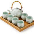 Set da tè in ceramica verde 8 pezzi con vassoio in bambù per 6 persone
