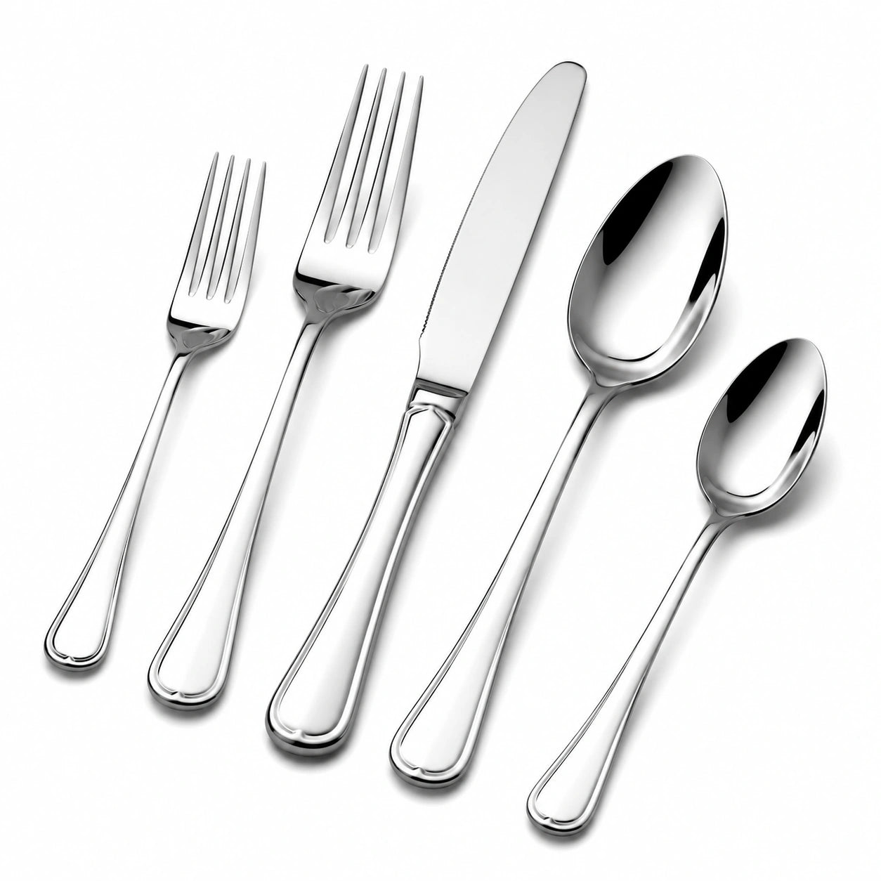 Set di posate 5 pezzi in acciaio inox argento con finitura lucida per tavola