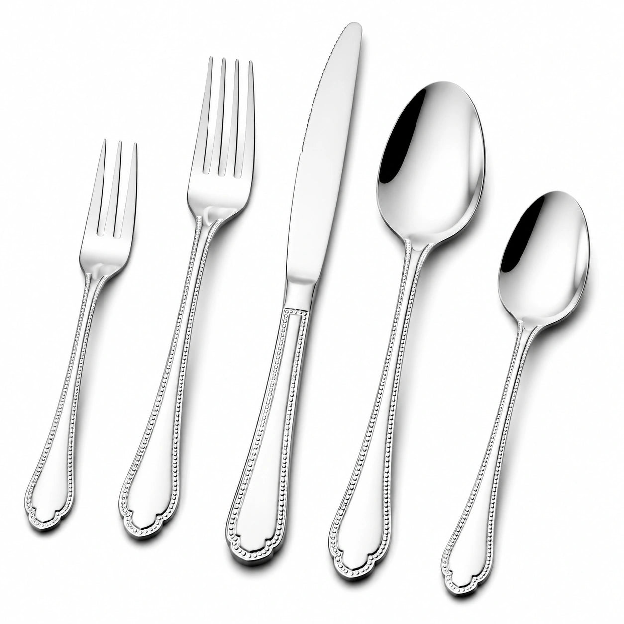 Set posate 5 pezzi in acciaio inox argento lucido con bordo decorativo