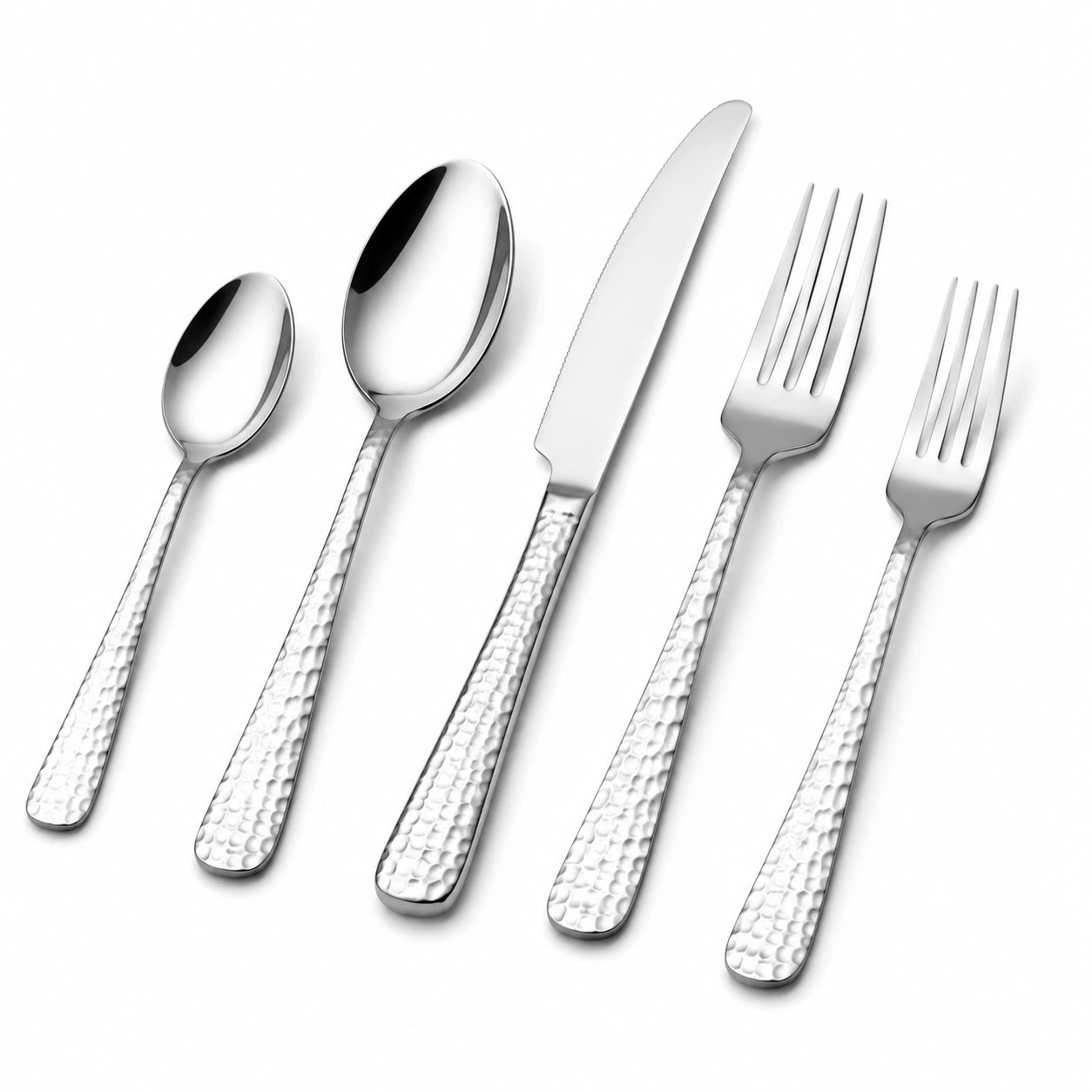 Set posate 5 pezzi in acciaio inox argento con manico martellato