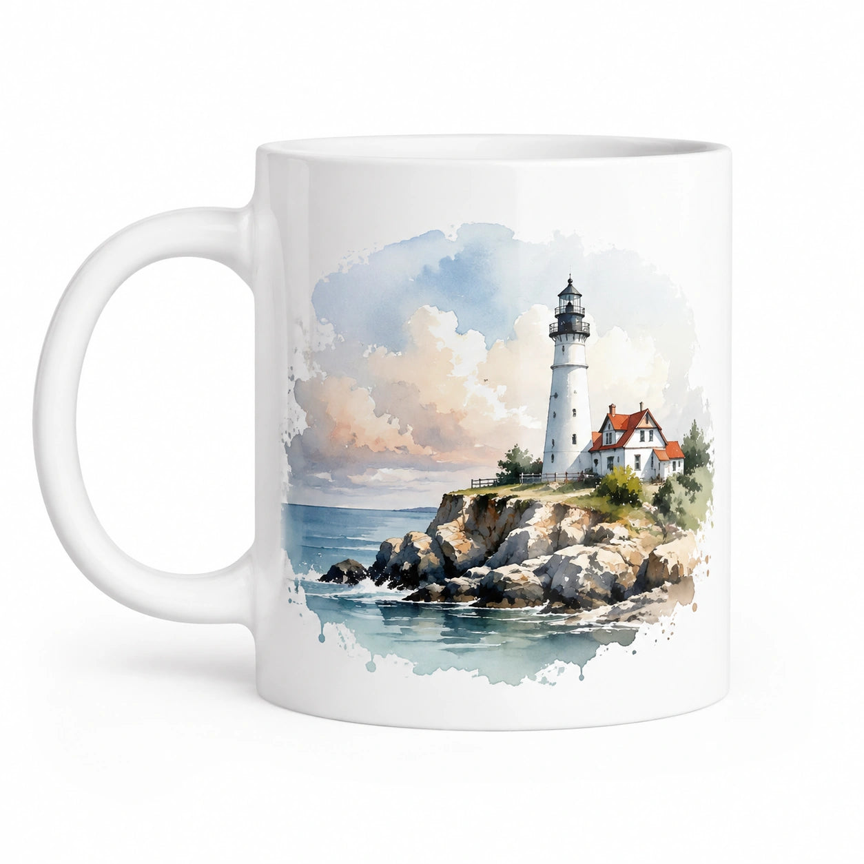 Tazza in ceramica 325 ml bianca con faro stile acquerello