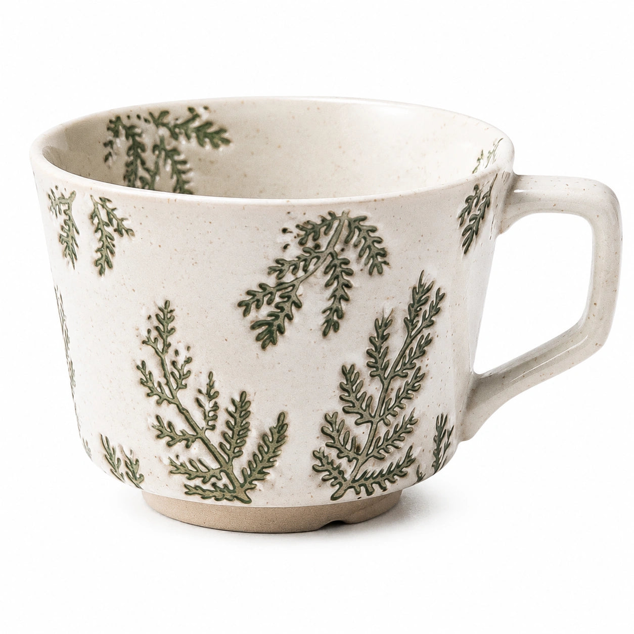 Tazza 450 ml in ceramica beige e verde con manico e decoro botanico in rilievo
