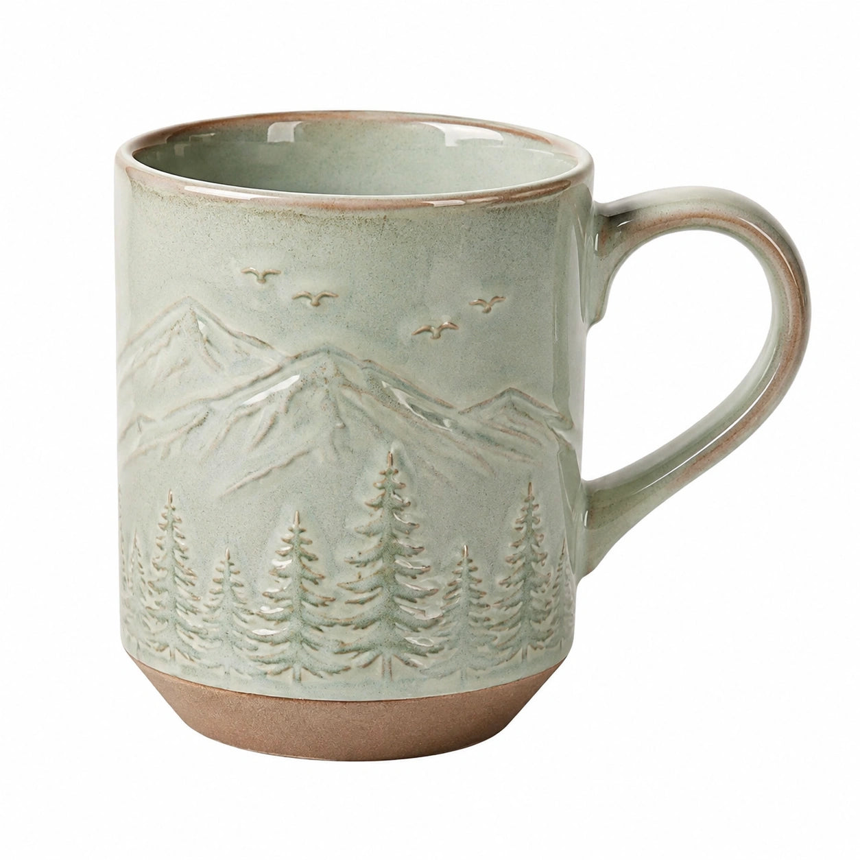 Tazza in ceramica 450 ml verde salvia con rilievo paesaggio montano