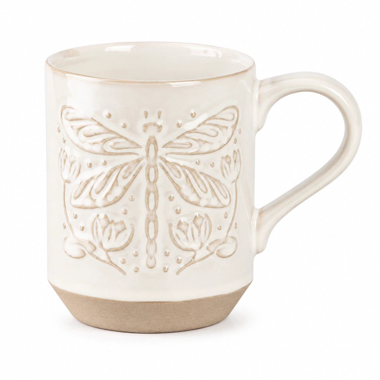 Tazza 350 ml in ceramica avorio con libellula - stile rustico