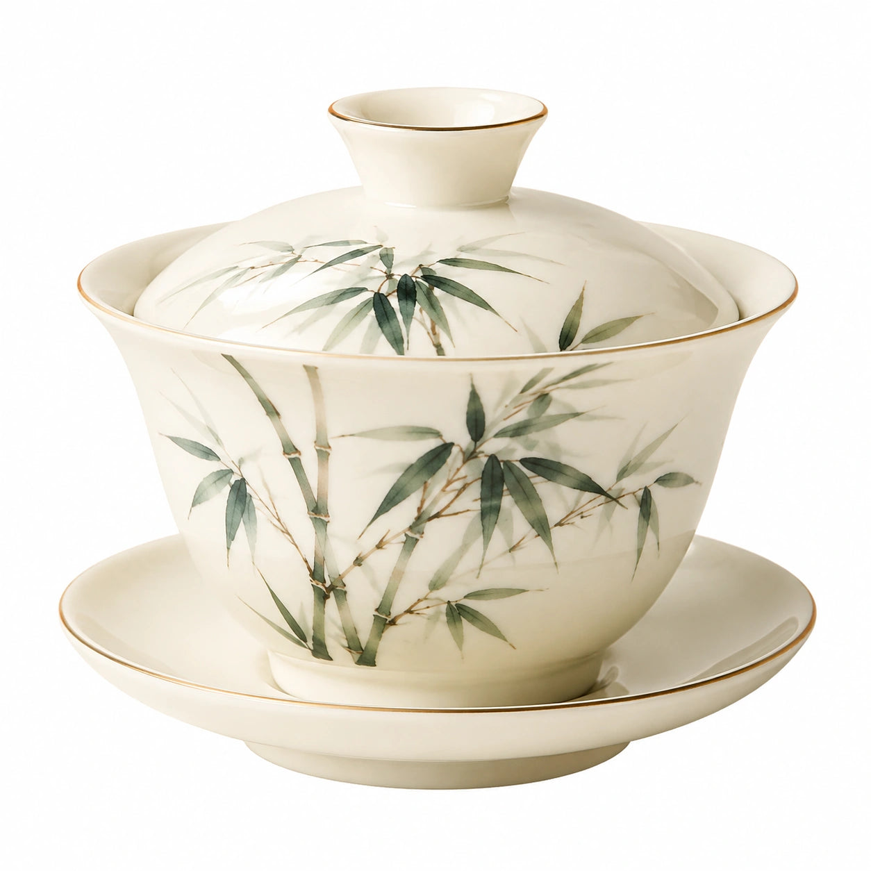 Tazza da tè gaiwan in porcellana avorio e verde 150 ml con coperchio e piattino stile botanico