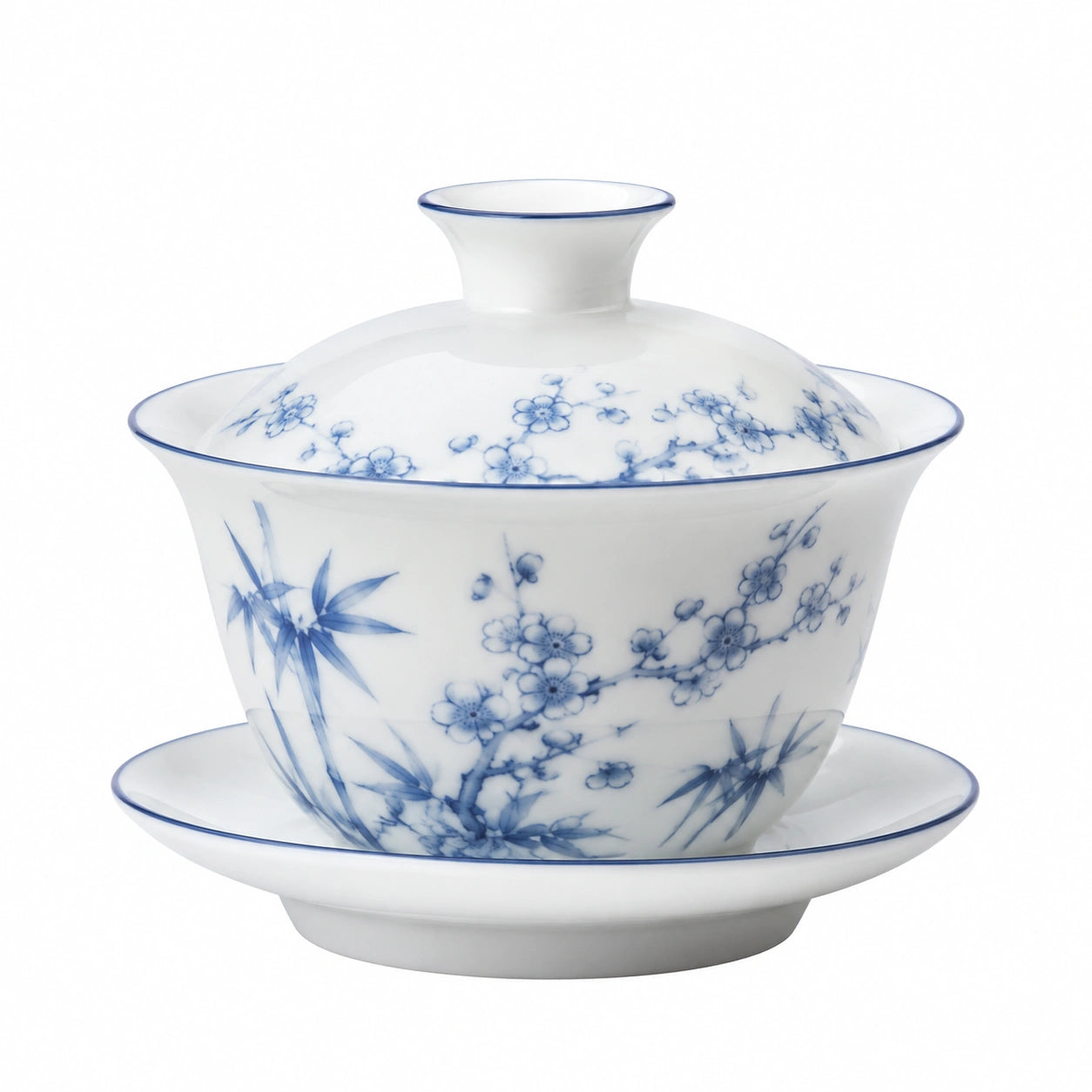 Tazza Gaiwan in porcellana bianca e blu 150 ml con coperchio e piattino floreale