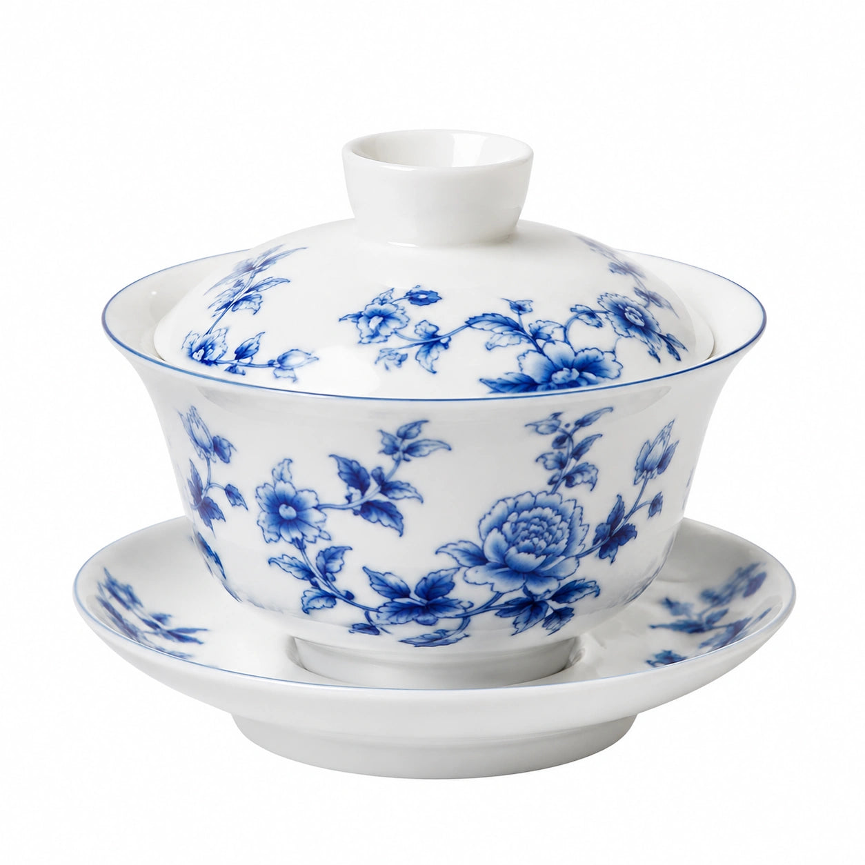 Gaiwan da tè in porcellana bianca e blu 150 ml con decoro floreale