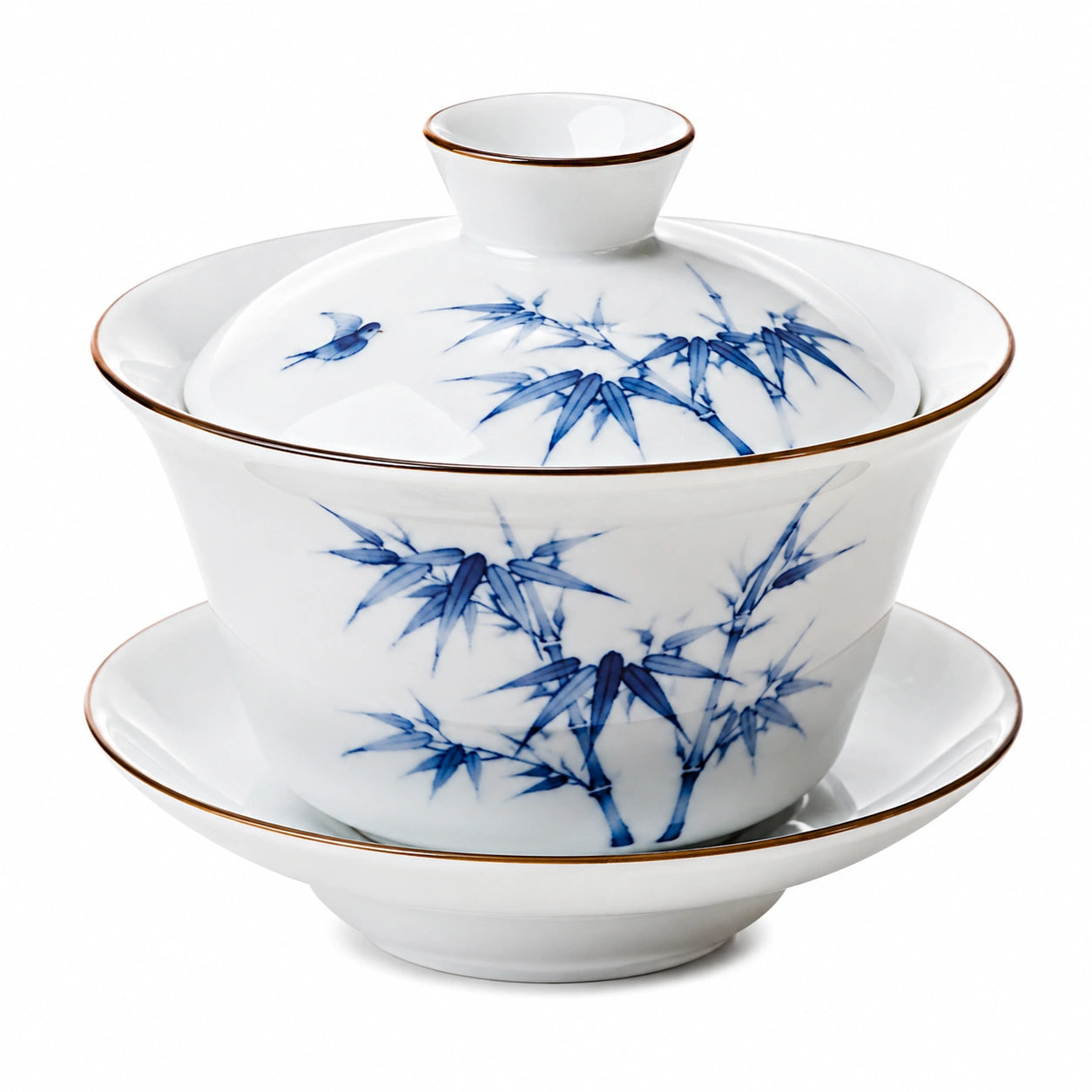 Tazza Gaiwan in porcellana 150 ml bianco e blu con motivo bambù - servizio da tè tradizionale