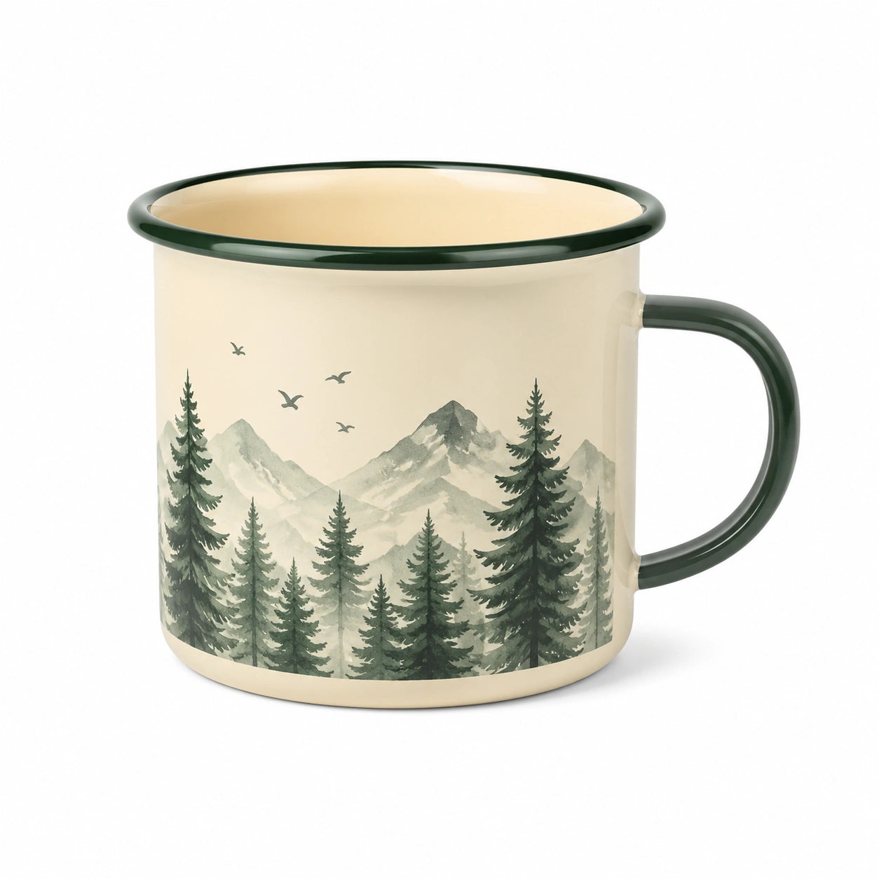 Tazza da campeggio 400 ml in metallo smaltato beige e verde con paesaggio montano - stile outdoor