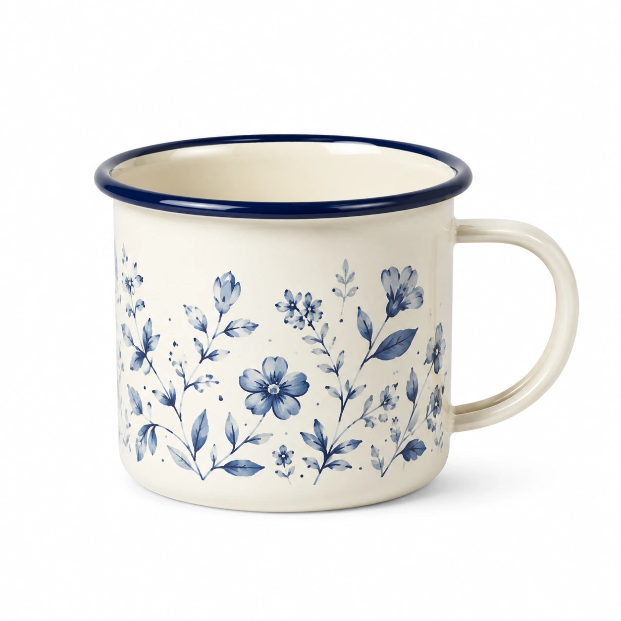 Tazza smaltata 500 ml bianca con fiori blu - stile rustico