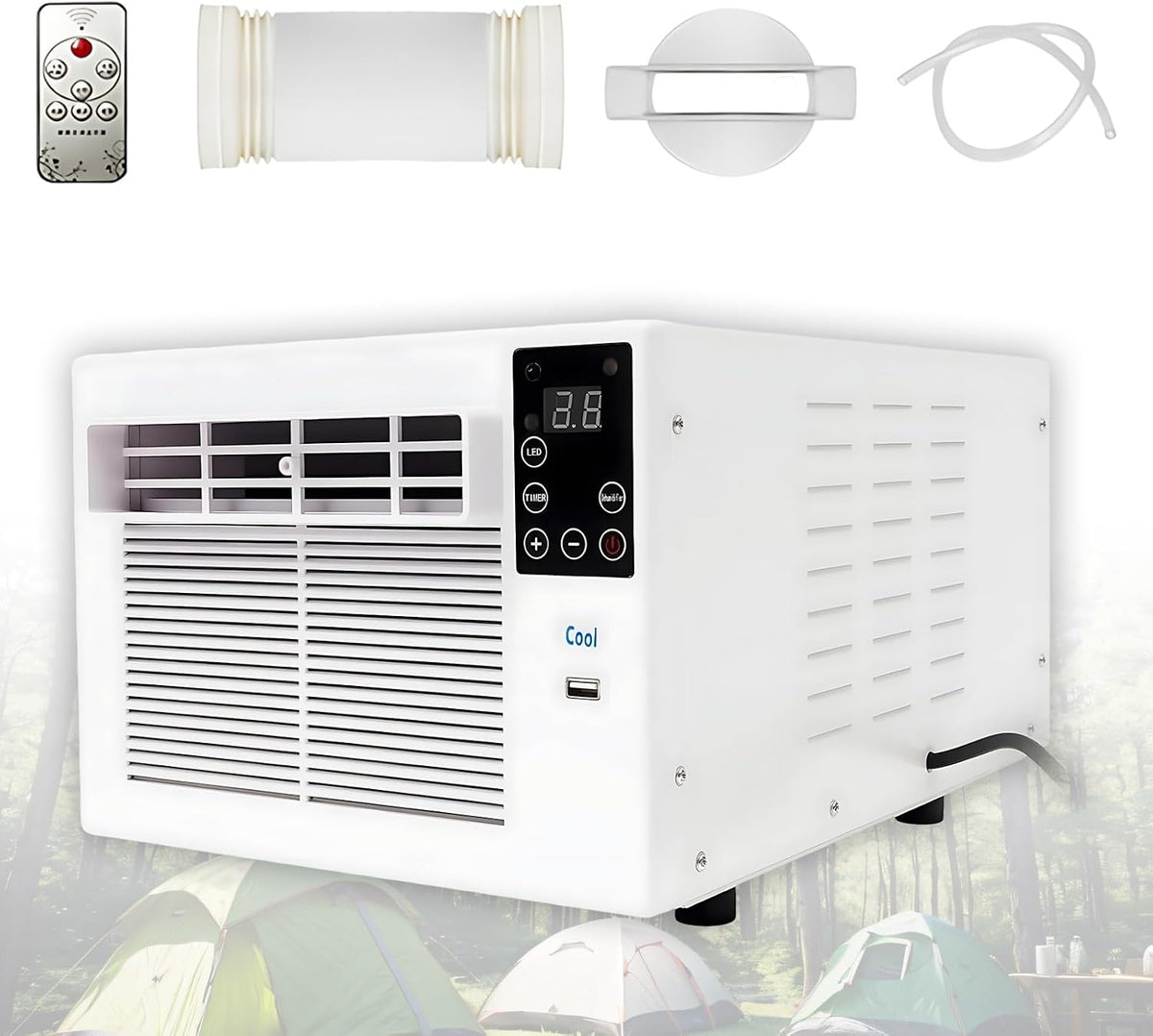Durablesta, Condizionatore, 46×28.5×23 cm, 2500 BTU, 280 W, Bianco, illuminazione LED, USB, telecomando, timer