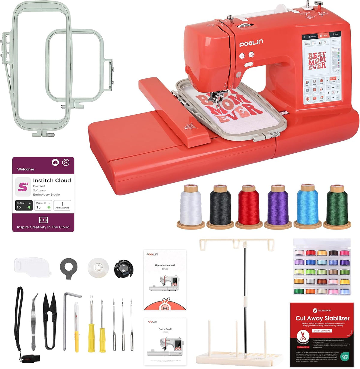 Poolin, Macchina da ricamo, EOC05, 10×10 cm, Rosso, USB, Wi-Fi