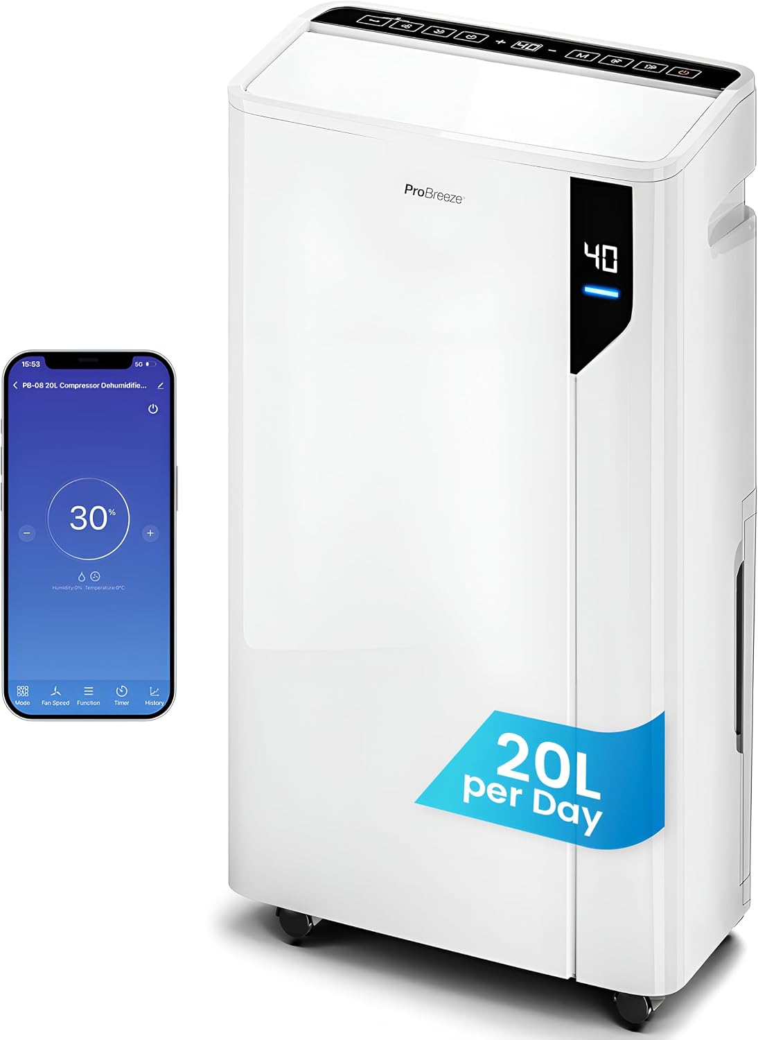 Letto, Pro Breeze, 20 L, 30 m, Bianco, illuminazione LED, Wi-Fi, spegnimento automatico