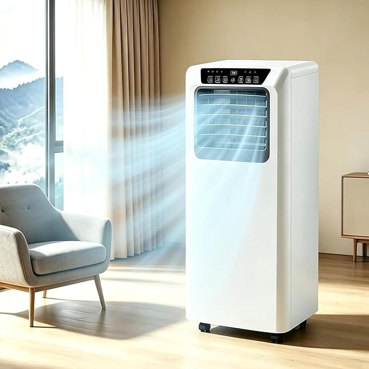 GUOGHUI, Condizionatore portatile, 9000 BTU, 42 dB, 330x280x680 mm, Bianco, telecomando, timer, autopulizia