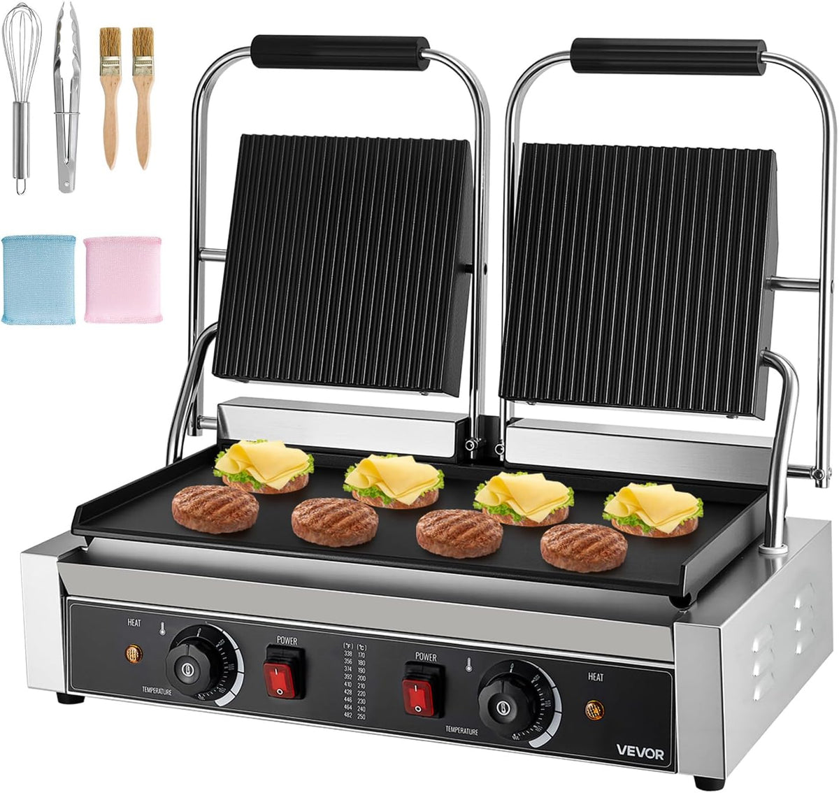 VEVOR, Piastre tostapane, 48 x 23 cm, 3600 W, 300 °C, Argento, acciaio inox