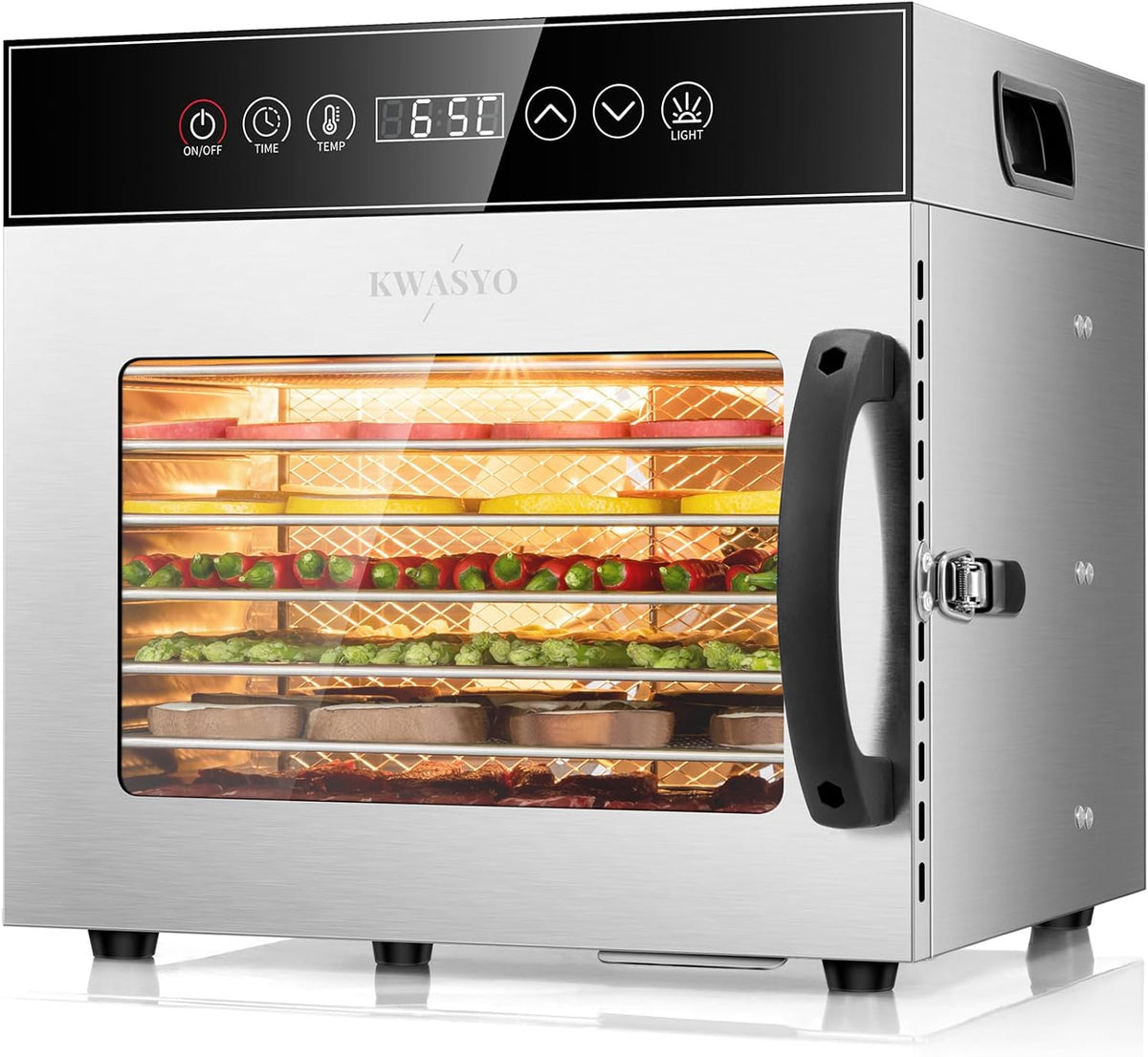 Kwasyo, Essiccatori per alimenti, 600 W, 28 x 20 cm, 30°C, Argento, acciaio inox, illuminazione LED, timer, protezione dal surriscaldamento