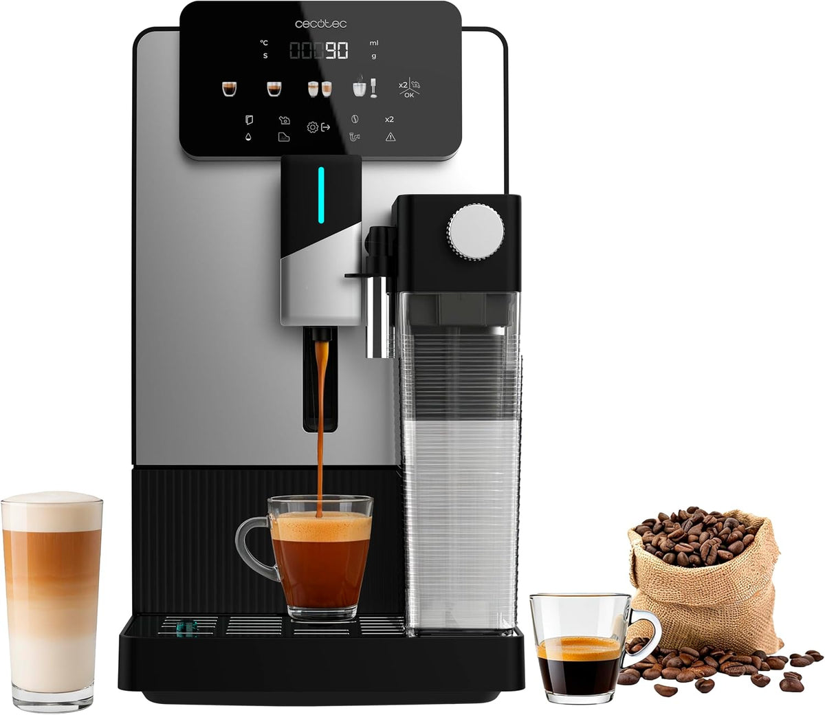 Cecotec, Macchina da caffè, 1500 W, 19 bar, 150 g, Nero/Argento, vano contenitore, altezza regolabile, spegnimento automatico