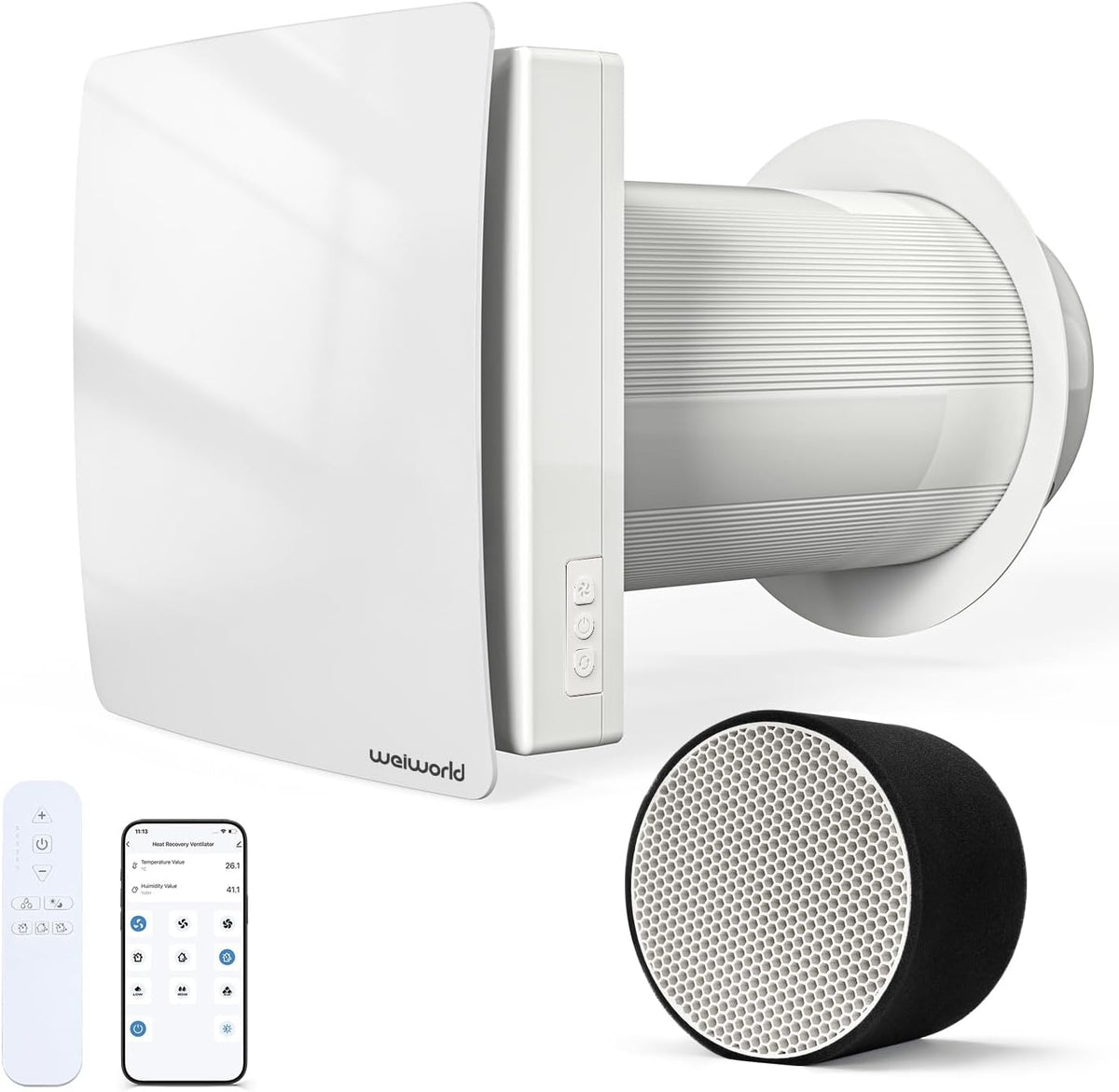 Weiworld, Ventilatori da parete, 8,5 W, 30 dB, 150 mm, Bianco, Wi-Fi, telecomando