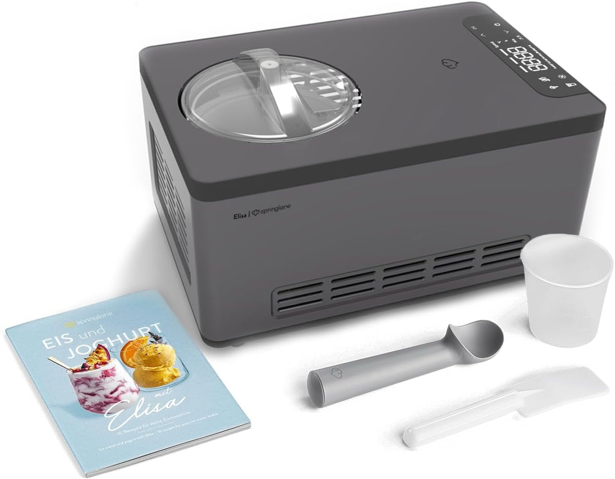 Springlane Kitchen, Gelatiera, 220 W, 42,2 x 28,2 x 27,2 cm, 2 litri, Grigio/Argento, acciaio inox, vano contenitore, 2 in 1