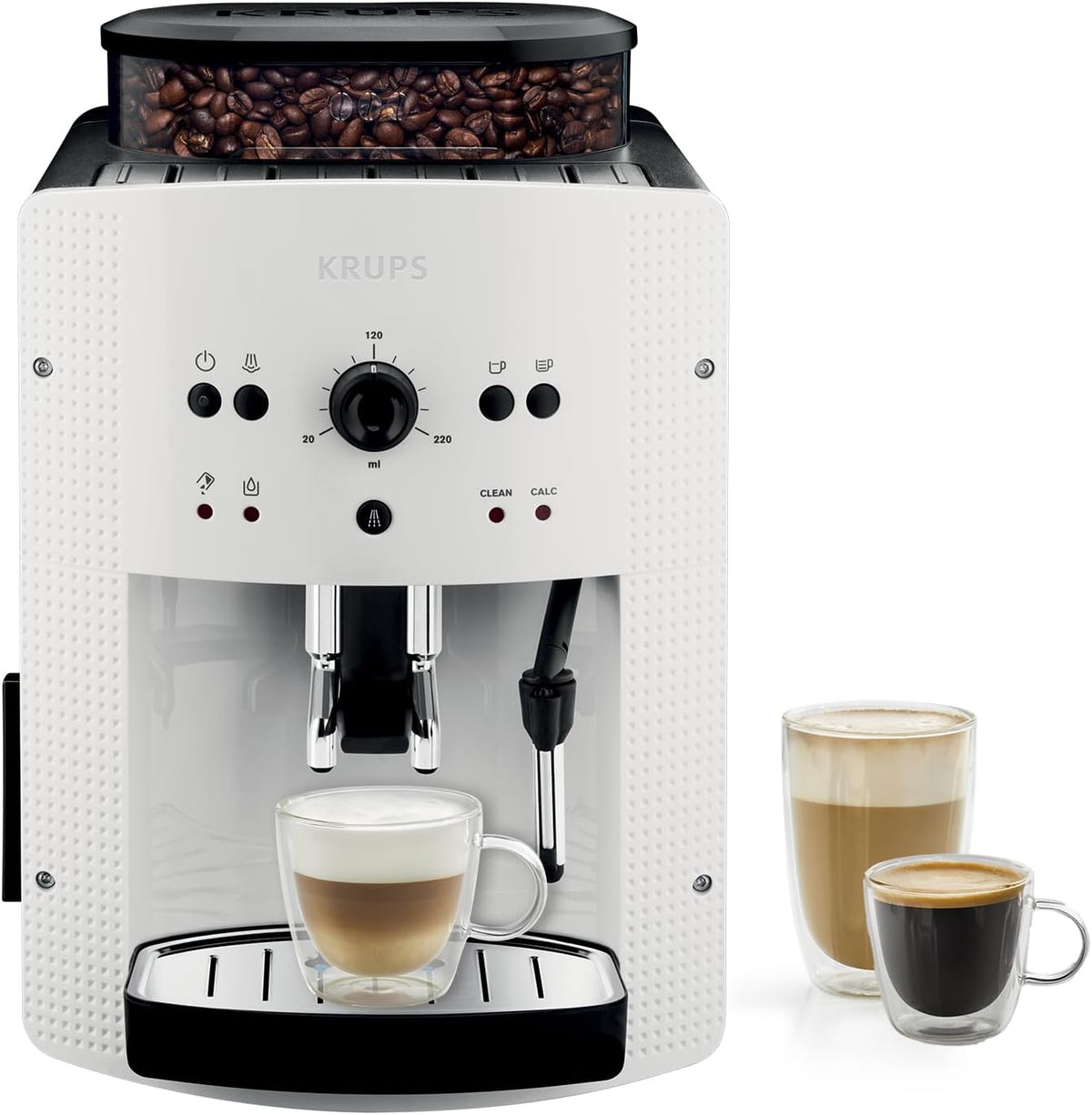 KRUPS, Macchina da caffè, EA8105, 1,6 L, 1450 W, 15 bar, Bianco, vano contenitore, telecomando