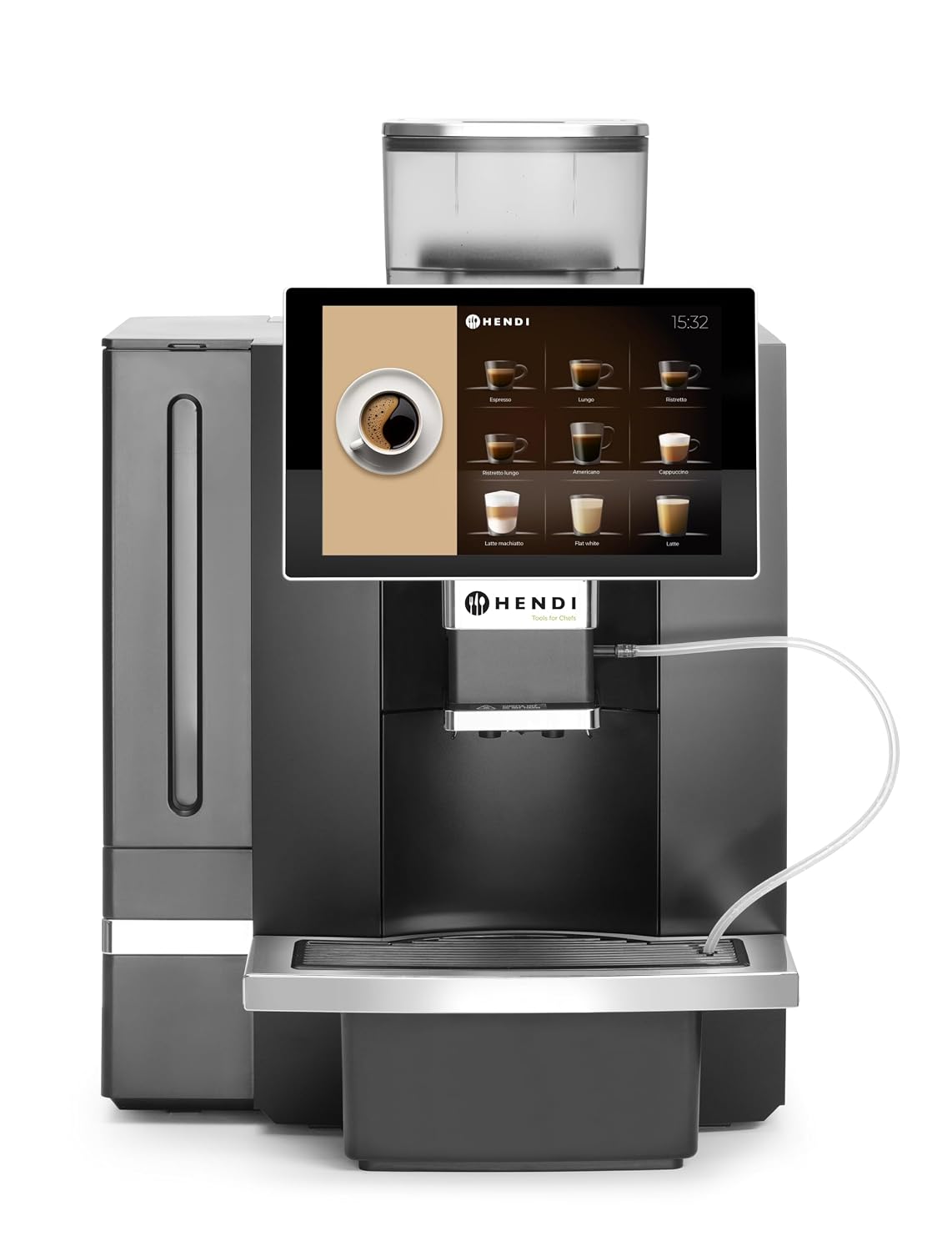 HENDI, Macchina da caffè, 1 kg, 6 L, 19 bar, Nero/Argento, vano contenitore, altezza regolabile, USB