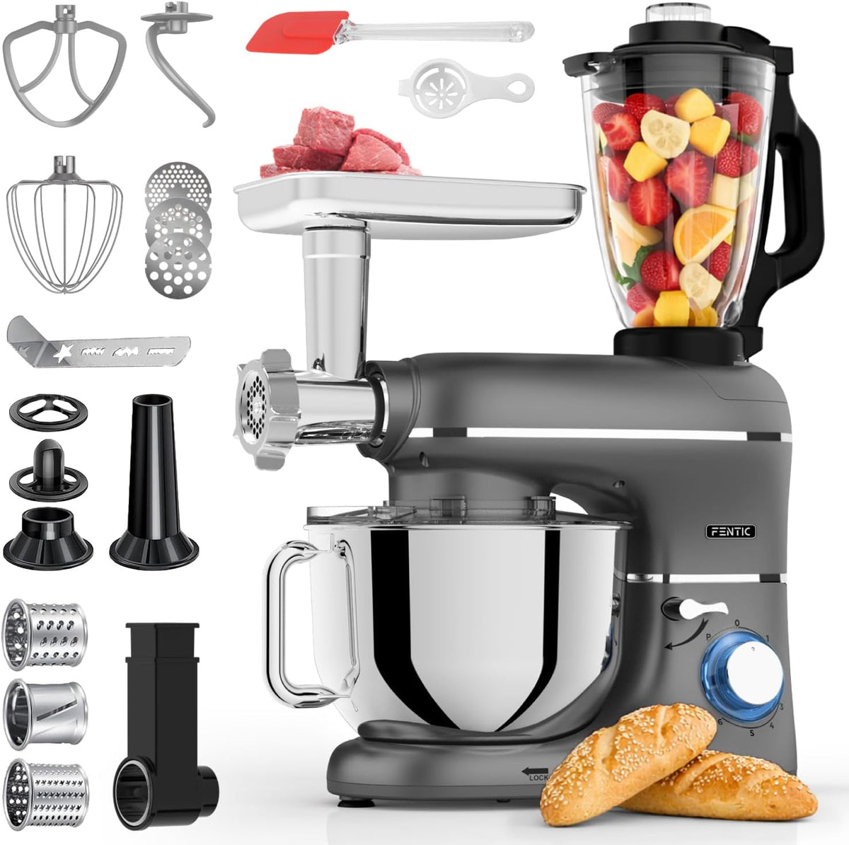 Fentic, Robot da cucina, 2000 W, 1,5 L, 140 mm, Antracite, acciaio inox