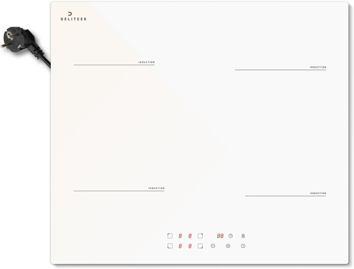 DELITEER, Piano cottura a induzione, 60 CM, 3500 W, 220 V, Bianco, timer, protezione dal surriscaldamento