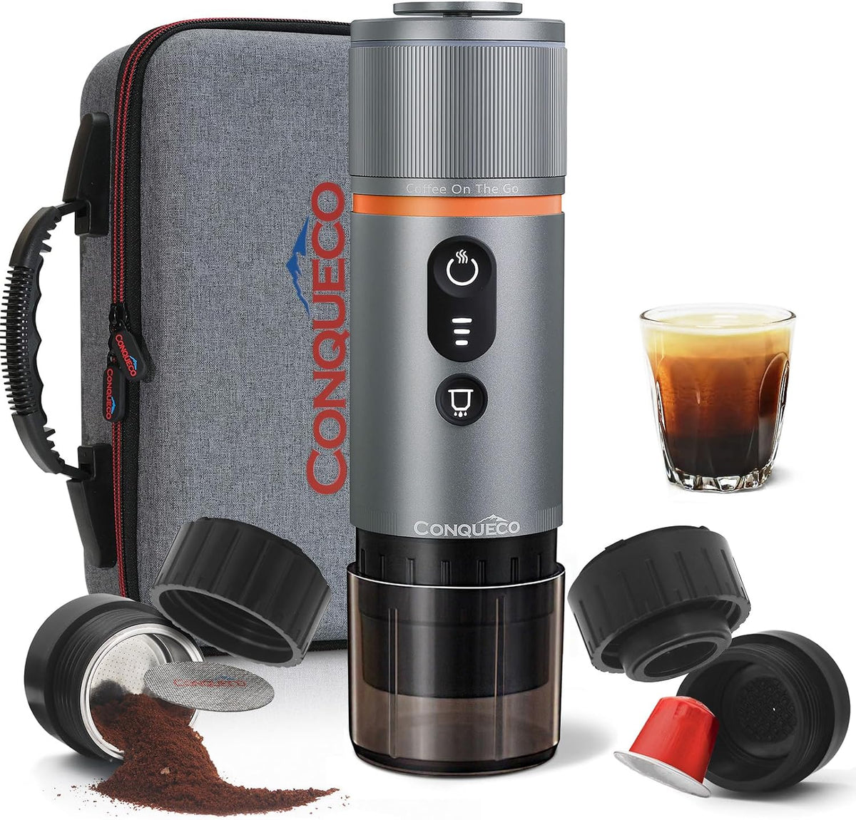 CONQUECO, Macchina da caffè, 12 V, 50 ml, Nero/Argento