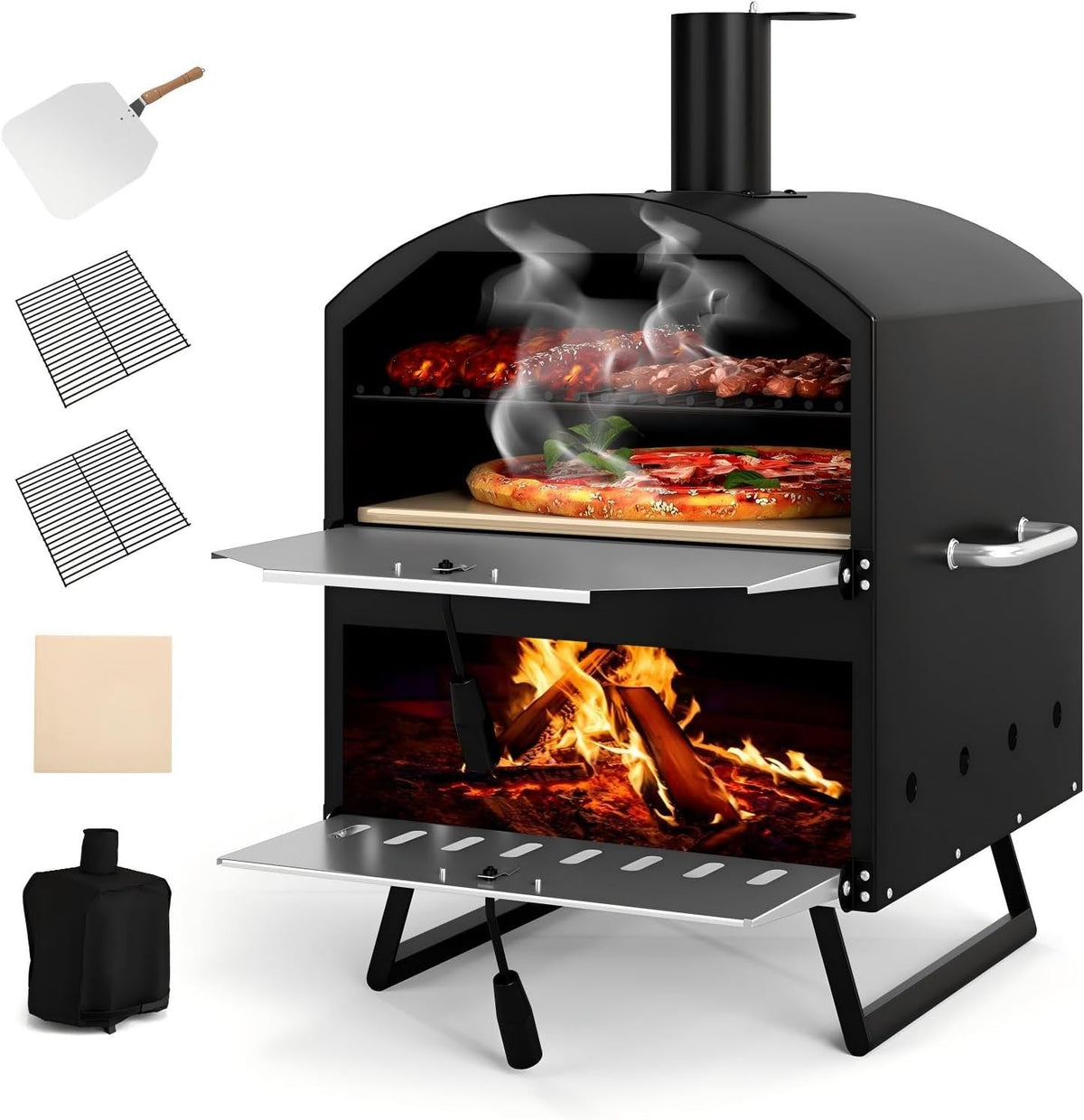Forno per pizza, KOMFOTTEU, 61 x 53 x 83 cm, 16 pollici, 510 °C, Nero, acciaio inox